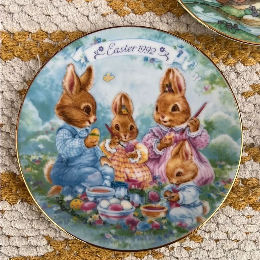 Avon Easter Collectible Plates Set 1991 1992 1993 Bunny Porcelain 22K Gold Trim
